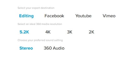 Queste impostazioni di rendering sono offerte da GoPro Fusion Studio durante il caricamento