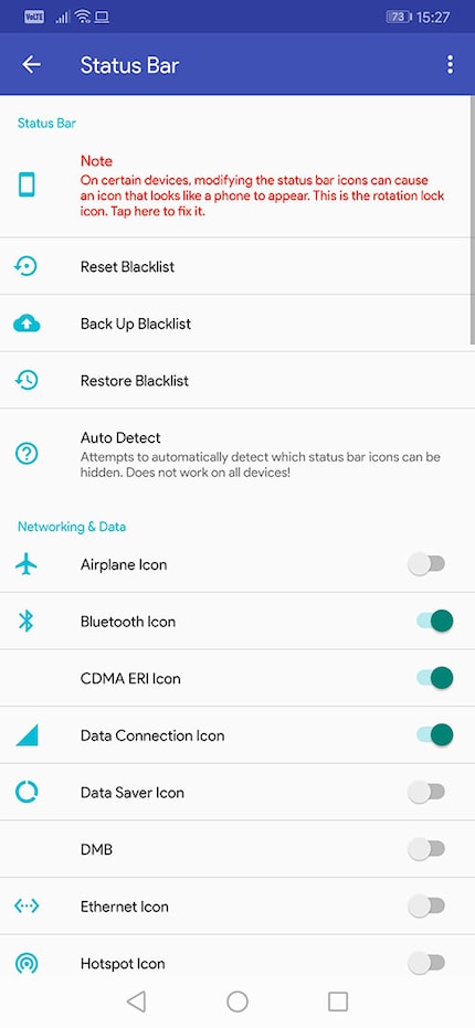 SystemUI Tuner ha dei toggle per le icone nella barra di stato