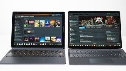 Steam runs on both devices, but you can almost only install games on the Slate.