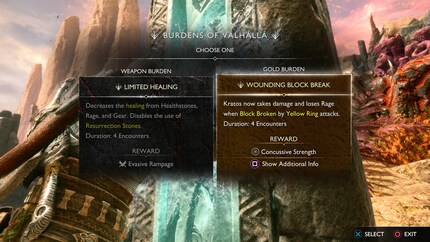 Volles Risiko: Für manche Perks musst du in einem Run zunächst Bestrafungen annehmen, die dir das Leben für eine gewisse Anzahl an Kämpfen schwerer machen.