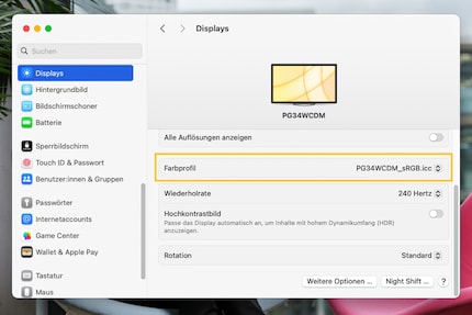 In MacOS puoi selezionare il profilo colore nelle impostazioni del display. Questo è un profilo sRGB per l’Asus PG34WCDM.