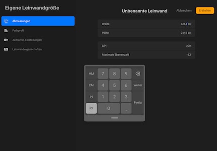 Oltre alle dimensioni della tela, sul lato sinistro troverai altre opzioni per personalizzare il tuo progetto, come il profilo colore.