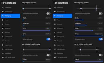 A sinistra c'è il pennello rotondo originale, a destra puoi vedere le mie regolazioni.