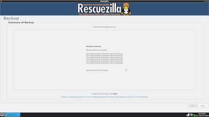 En 36 minutes, Rescuezilla a écrit 210 gigaoctets sur le disque cible, un SSD externe.